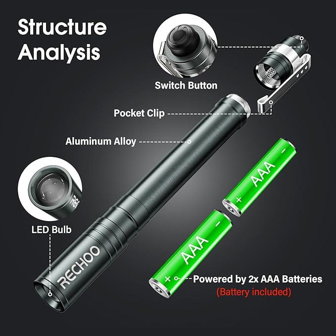 RECHOO LED Pen Light 4 Pack, Lightweight, Small Bright Pen Flashlight with Clip, Waterproof Portable Pocket Flashlight for Home, Emergencies, Inspection, Grey (Battery Included)