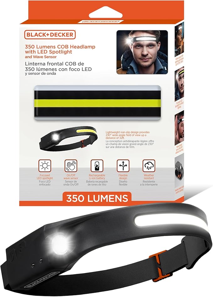 BLACK+DECKER Rechargeable Headlamp with Flashlight & Wave Sensor, 350 Lumens LED 230° Wide Beam Head Light, IP65 Waterproof, 4 Brightness Settings & SOS Mode, Fits Over Helmets, Head Lamp for Camping