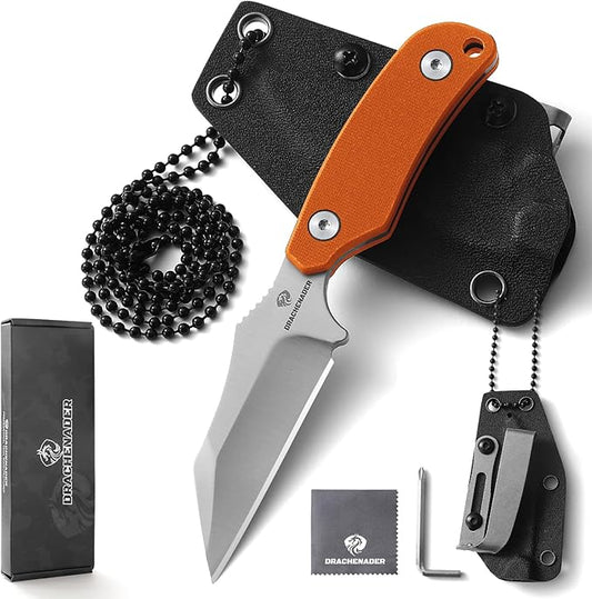 X-WH 5.78" Neck Knife with Kydex Sheath, D2 Steel Blade Silver Fixed Blade Knife with G10 Handle for Men, EDC Horizontal Carry