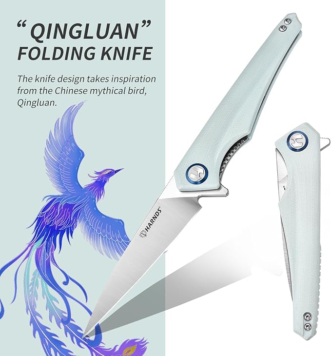 Qingluan Folding Knife with Pocket Clip, D2 Steel Blade 3.54'' and G10 Handle Outdoor Adventure knife EDC Camping Knife (Cyan)