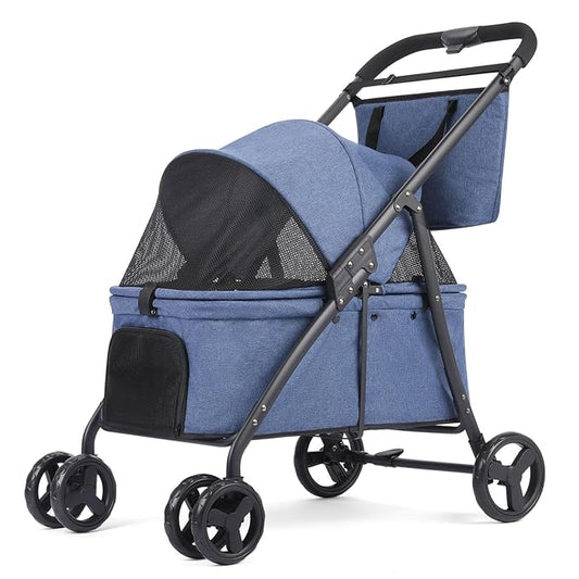 Dog Travel Stroller with 4 Heavy Duty Wheels, Lightweight Foldable Pet Stroller with Mesh Window - Large Capacity Jogger Wagon for Small Medium Dogs Outdoor (Navy)