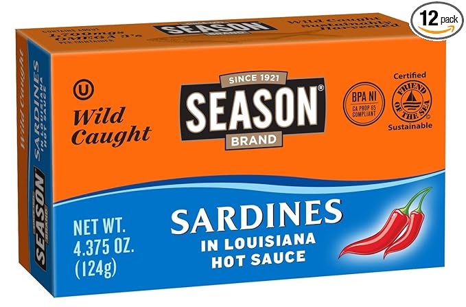 Season Sardines in Hot Sauce - Wild Caught, 24g of Protein, Keto Snacks, More Omega 3's Than Tuna, Kosher, High in Calcium, Canned Sardines - 4.37 Oz, 12-Pack