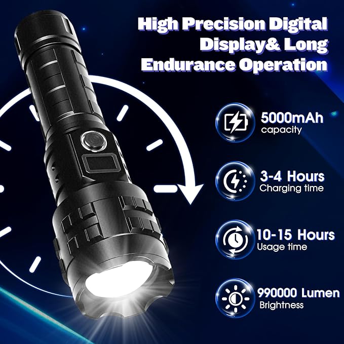 Flashlights High Lumens Rechargeable, 1000000 Lumens Hight Lumens Super Bright Handheld LED Flash Light,Powerful Emergency Linternas, Waterproof, Long Lasting, for Hiking Camping Gift