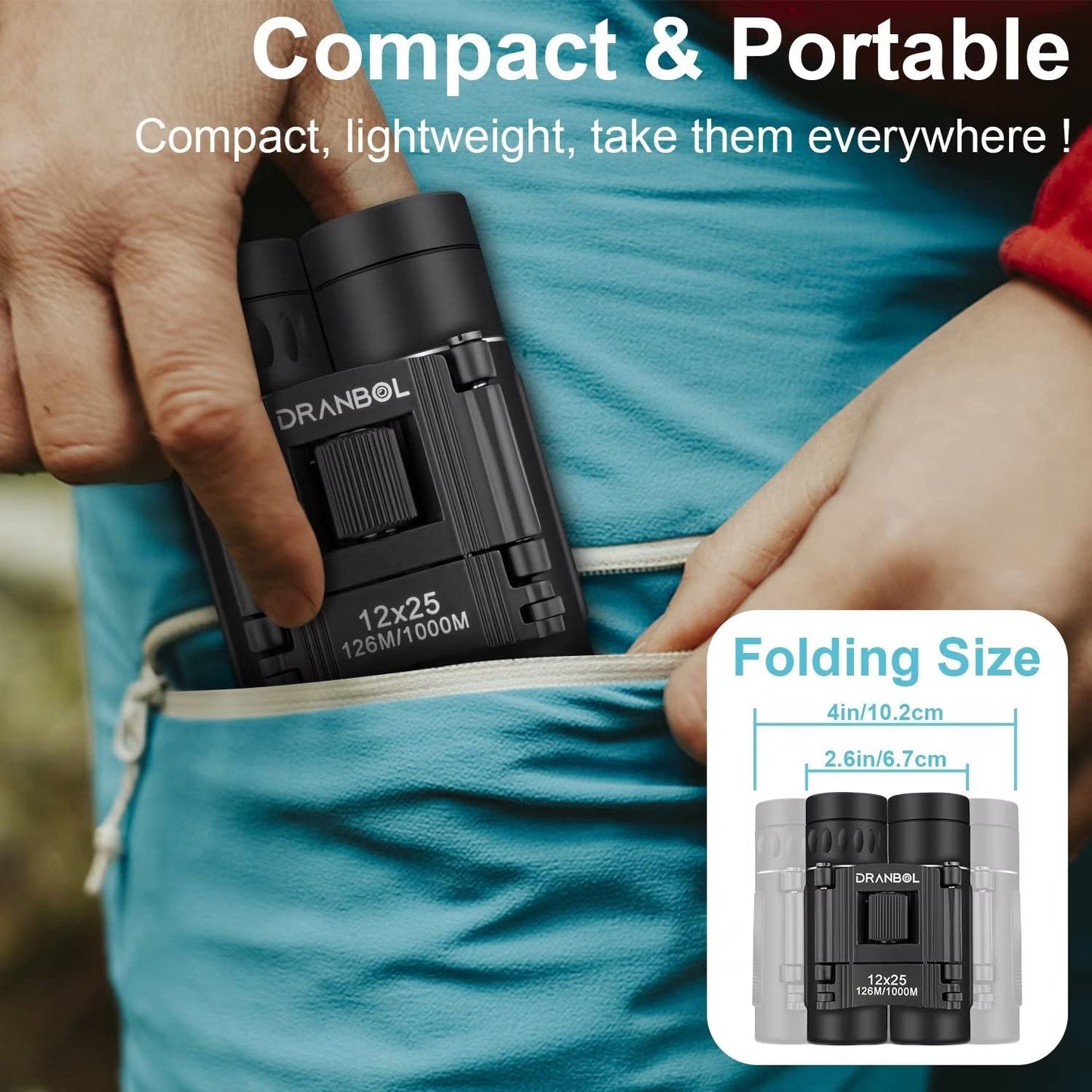 DRANBOL 12X25 Mini Pocket Binoculars for Adults Kids, Small Compact Binoculars for Bird Watching