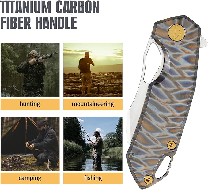 Folding Knife pocket knife EDC Knife With Clip Survival knife Camping knife - M390 Steel Titanium Handle - Outdoor Hiking Survival Hunting knife with Sheath (Colourful)