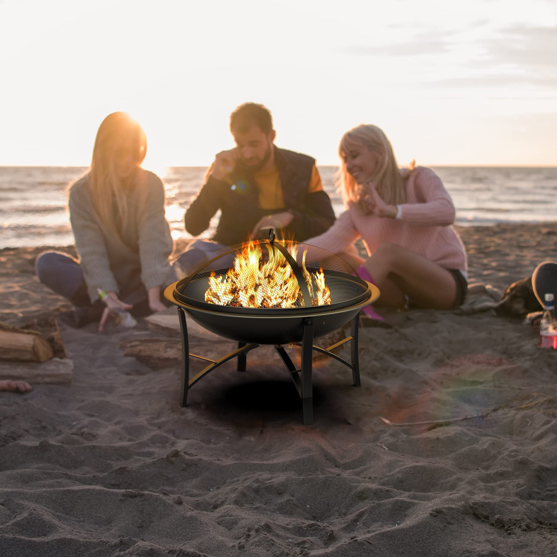 Fire Beauty Fire Pit for Outside Wood Burning,BBQ Grill Steel Fire Bowl with Spark Screen Cover,Log
