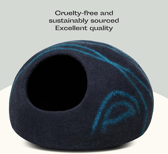 MEOWFIA Cat Cave ??Premium Felt Cat Bed for Indoor Cats, Handmade 100% Merino Wool (Large, Black Aqua)