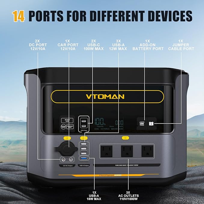 VTOMAN 2376Wh Portable Power Station Bundle with Extra Battery & 200W Solar Panel Included - Up to 2000W Solar Power Generator for Home Backup, Off-grid, Road Trip, RV, Camping, Fishing, Emergencies