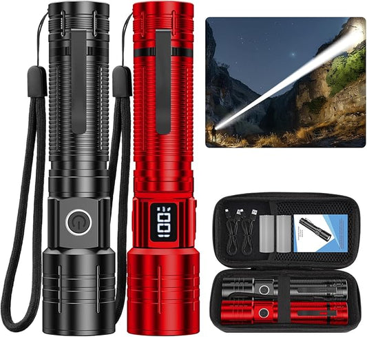AdamStar Flashlights High Lumens Rechargeable Super Bright LED Flashlight with Dimmable, Zoomable Beam Tactical Flash Lights Small Powerful ((Black + Red) with case)