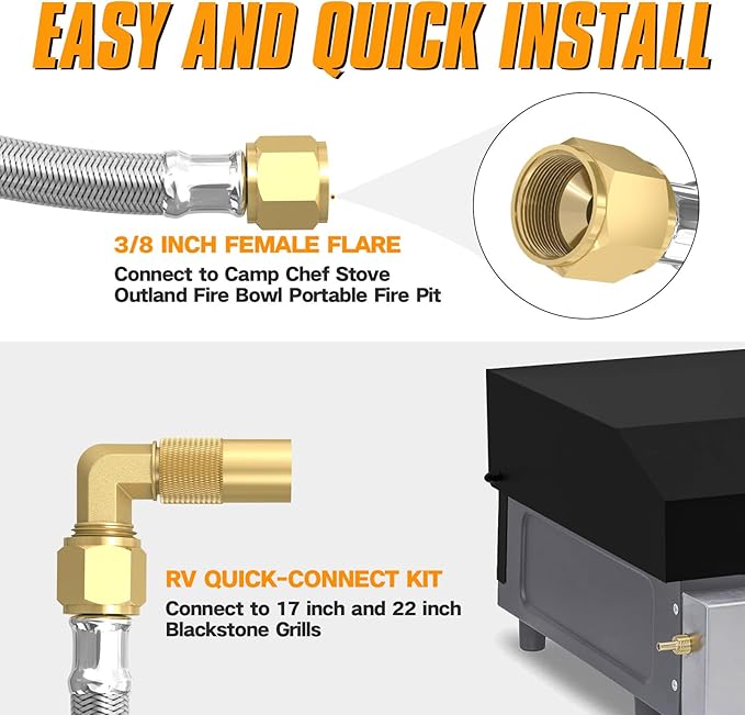 12FT RV Quick Connect Propane Hose with 1/4" Safety Shutoff Valve, Stainless Steel & Brass, Silver, Grill Connectors, 12 Feet, Blackstone 17"-22" Griddle Compatible