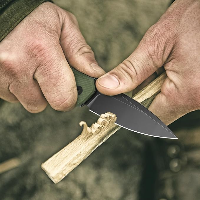 FINTISO Pocket Knife, 3" 14C28N Steel Blade G10 Handle Small EDC knife with Button Lock, Sharp Folding Knife with Pocket Clip for Camping, Survival, Hunting