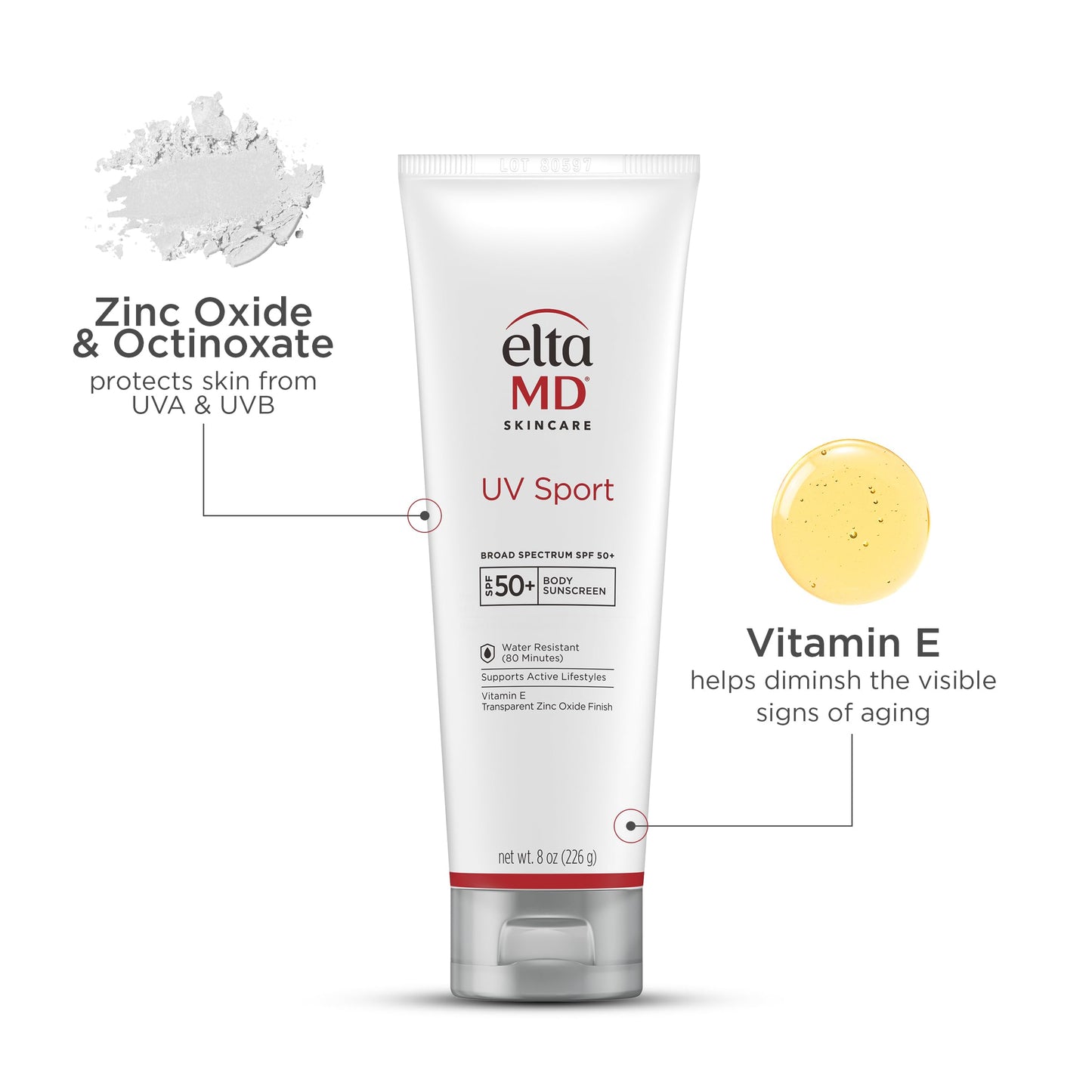 EltaMD UV Sport Sunscreen, Water and Sweat Resistant 80 Min, SPF 50, 3 oz