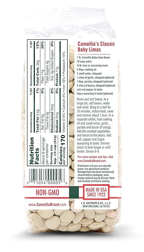 Camellia Brand Dried Baby Lima Beans ??Premium Small White Butter Beans for Southern Cooking, Succotash, Soups, Stews, and Healthy Vegetarian Meals ??Non-GMO, Gluten-Free, High Protein 1 Pound (Pack of 12)