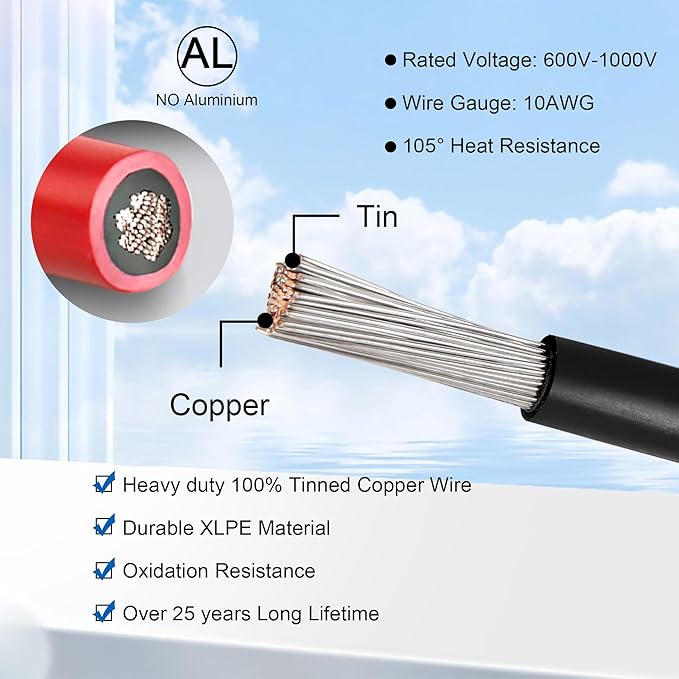 50 FT 10AWG Solar Panel Extension Cable,10 Gauge Extension Cord,5FT 10FT 20FT 30FT 50FT 100FT Solar Panel Wire with Extra Fair of Female and Male Connectors Solar Adapter for RV, Photovoltaic Systems