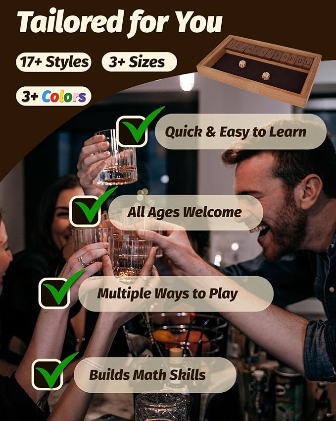 14" Deluxe Shut The Box Game, Math Dice Board Game for Family Night Classroom Travel, Wooden Table for Group Kid Adult Senior, Travel Party Bar, Easy Quick and Fun, 2-4 Players
