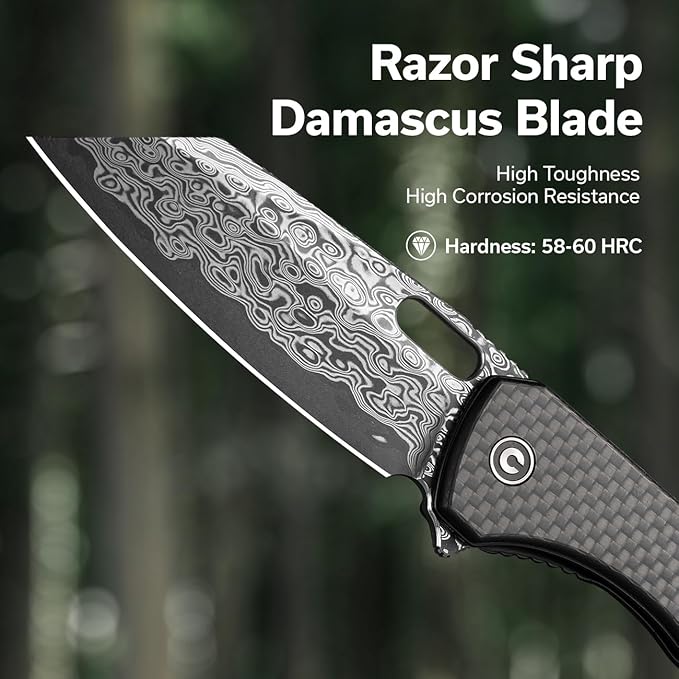 CIVIVI Nugz Folding Pocket Knife for EDC, 3.17" Damascus Reverse Tanto Blade Twill Carbon Fiber Overlay on Black G10 Handle Flipper Knife for Ideal Gift to Men Women C23060-DS1 (Black)