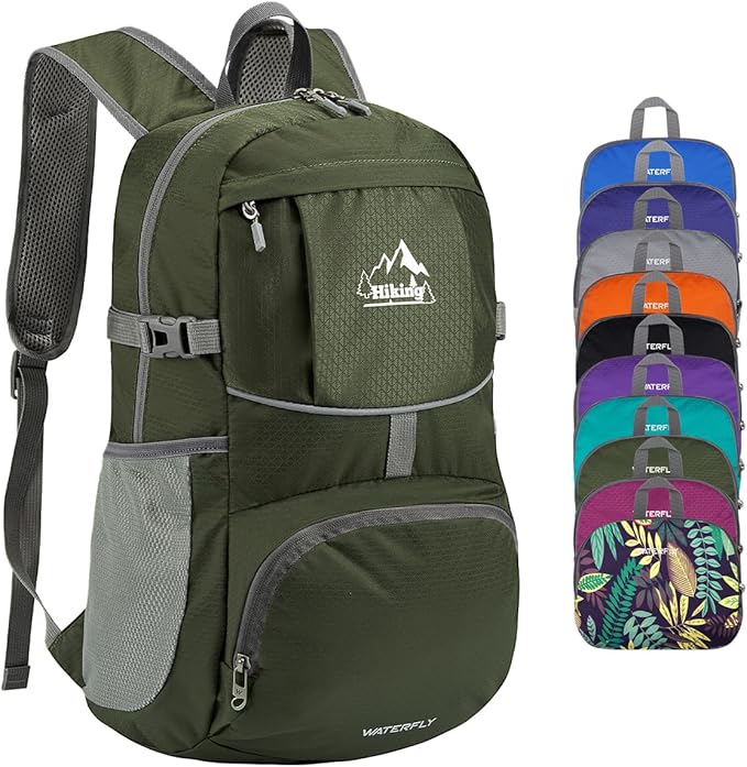 WATERFLY Hiking Foldable Daypack Backpack: 25L Ultra Lightweight Waterproof Day Pack for Woman Man - Small Compact Packable Folding Back Pack for Outdoor Sport Cycling Biking Travel Trip - Green