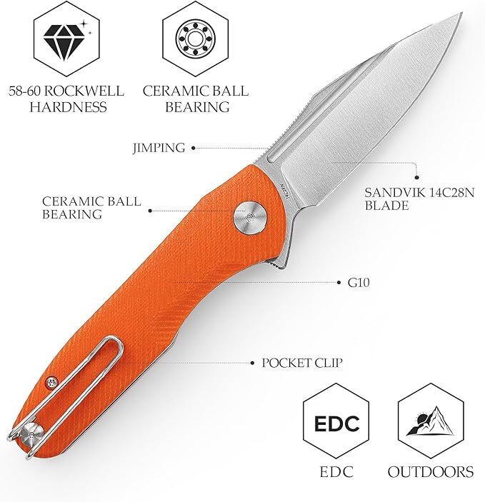 Knives，Folding EDC Knife for Men，Pocke Flipper Knife with Clipï¼?.26" 14C28N Steel Blade（Satin），G10 Scales for Outdoor Camping Tool - Antliae-03OG