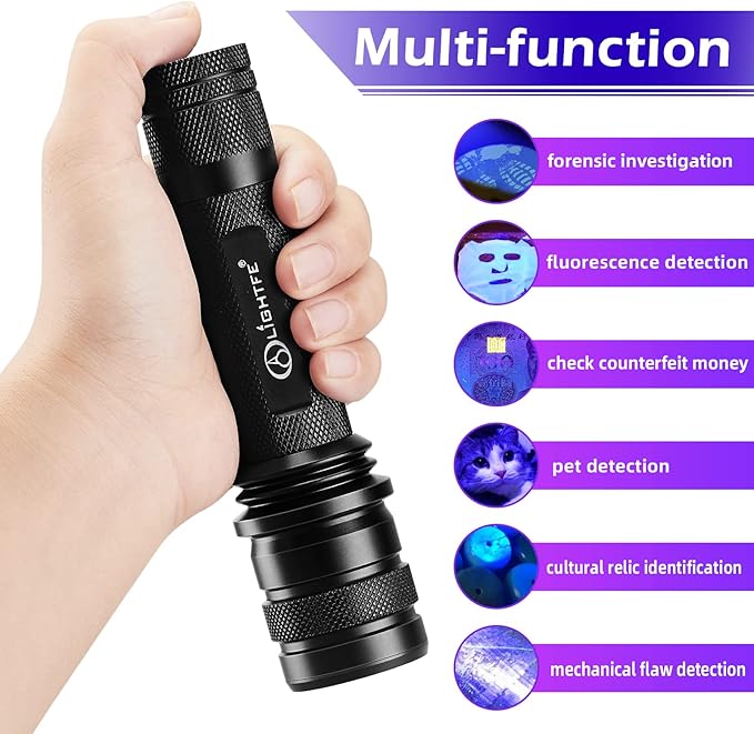 LIGHTFE-P30D Uniform UV Light Flashlight, High-Power 365nm UVLED, Suitable for ore, Jade, Pet Urine Stains, Stains, Mechanical Leak Detection, Etc., Professional-Grade Detection Tool UV Flashlight
