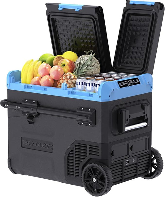 45L Dual Zone Car Refrigerator Freezer, -4℉~68℉, 48Qt Compressor Cooler with Reversible Door, Metal Handle, Dual Battery Slot, 100–240V AC / 12V / 24V DC Powered, LED Light – Ice Blue