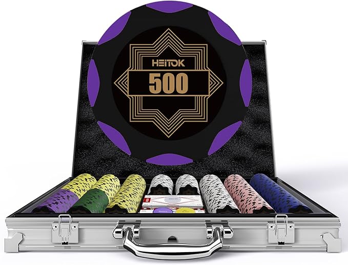 Clay Poker Chip Set for Texas Holdem, 500 pcs with Denominations 14g Professional Casino Blackjack Set, a high-end Carrying case with Aluminum Travel Case