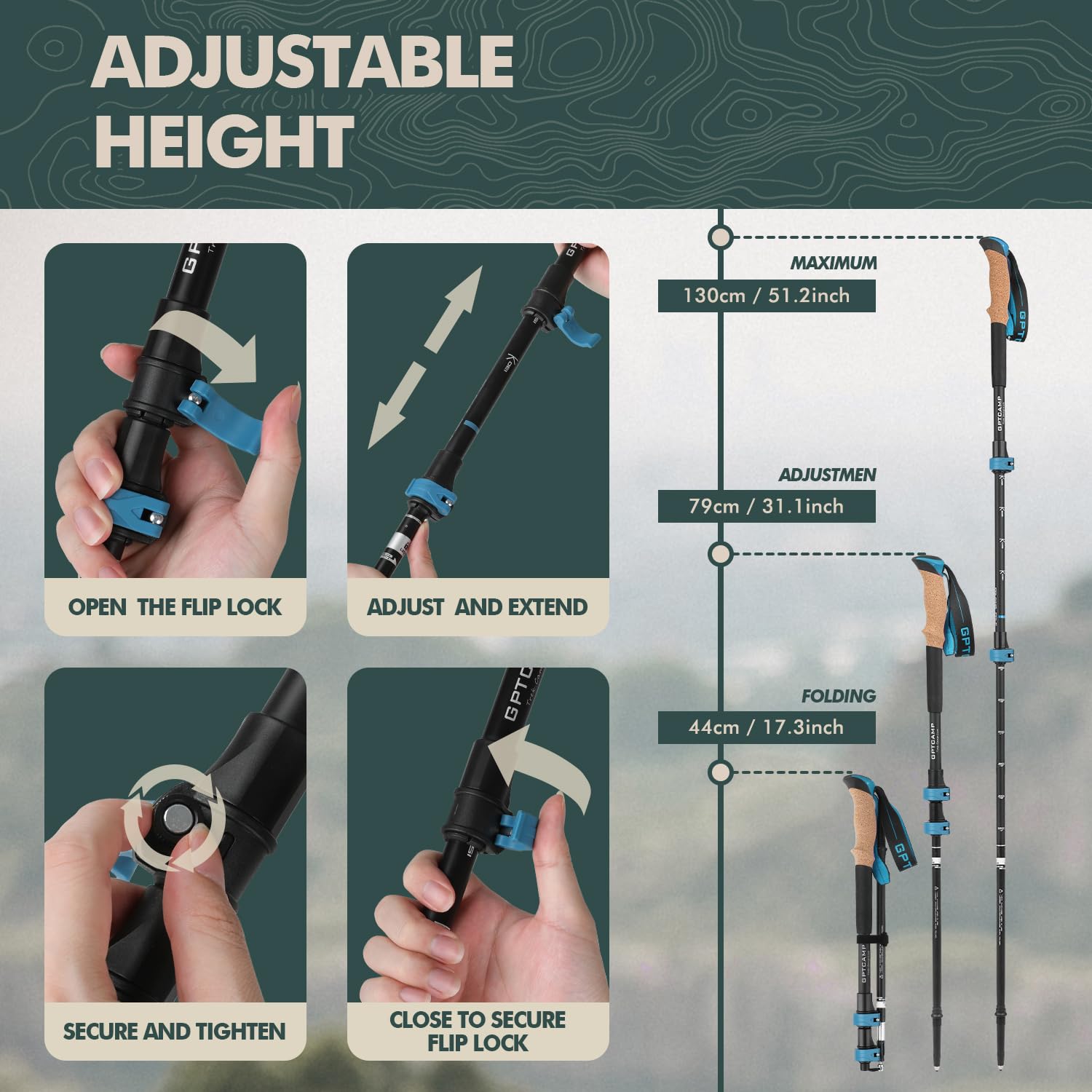 GPTCAMP Collapsible Hiking Trekking Poles with Cork EVA Grips
