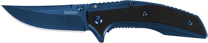 Kershaw Grid Folding Pocket Knife, 3.7 inch Black Serrated Blade, Steel Handle, Pocketclip & 3-Inch Blue Pocketknife with SpeedSafe Opening and Deep Carry Pocketclip