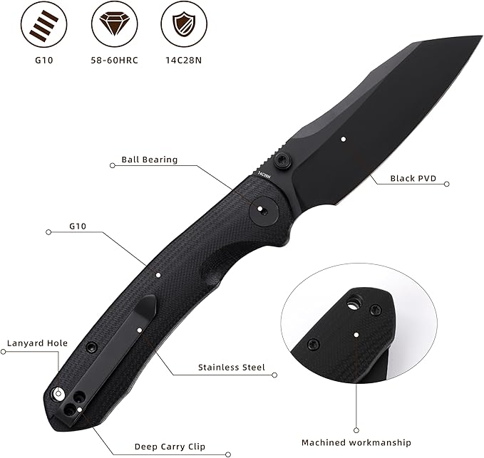 Folding Pocket Knife, 3.35" 14C28N Blade G10 Handle EDC Knife with Liner Lock, Small Pocket Knife with Clip for Men, Sharp Camping Hiking Hunting Survival Knives (Black)