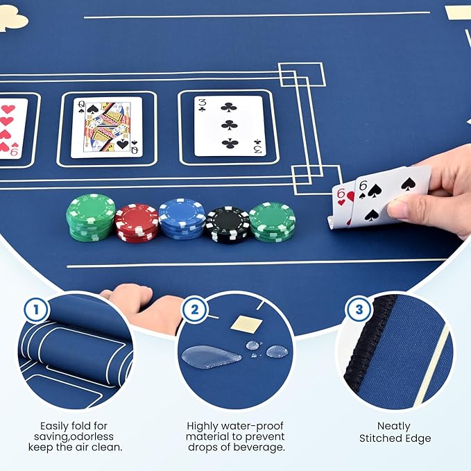 70 x 35 Inch 6-10 Person Texas Hold'em Practical Blue Poker Mat Portable Poker Table Tops Cards Game Mat Pad Topper Waterproof, Easily Clean & Glide Over, Anti-Slip, Odorless with Storage Bag