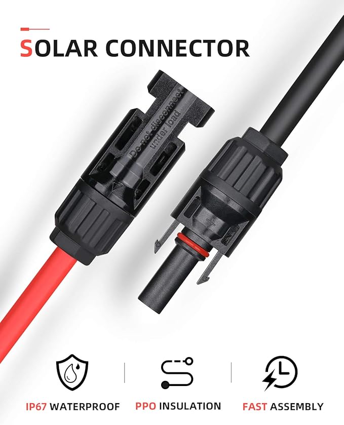BougeRV 30 Feet 10AWG Solar Extension Cable with Female and Male Connector with Extra Pair of Connectors Solar Panel Adaptor Kit Tool (30FT Red + 30FT Black)