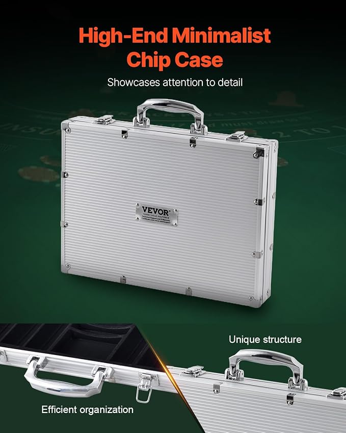 VEVOR Poker Set, 500-Piece Complete Poker Playing Game Set for Texas Hold'em, Blackjack, Gambling, Poker Chip Set with Aluminum Carrying Case, 11.5 Gram Casino Chips, Cards, Buttons and Dices