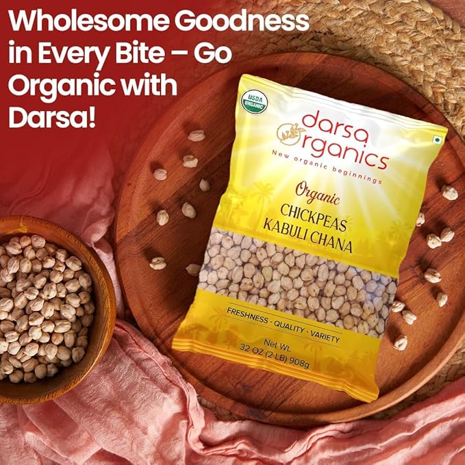 Darsa Organics Chickpeas (Garbanzo Beans) 2 lb | Kabuli Chana Dal | USDA Organic, Non-GMO, Kosher | Protein & Fiber Rich | Great for Hummus, Curries, Stews & Salads