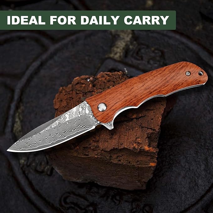 AUBEY Damascus Pocket Knife with VG10 Core, Wooden Handle, EDC Folding Knives for Men Outdoor Camping Collection Gift