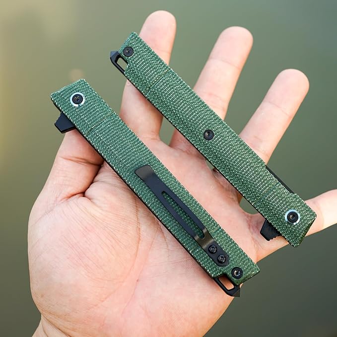 Flipper Pocket Folding Knife,DC53 Steel Blade and G10 Handle. With pocket clip and glass breaker,men's pocket knife hiking trip EDC tool Knife (Green Micarta Handle)