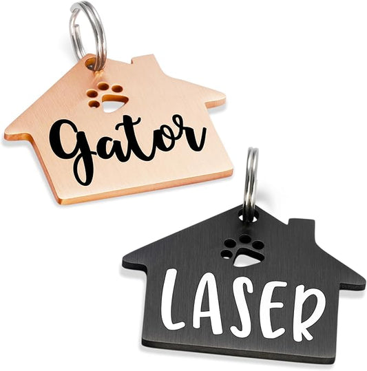 Ultra Joys Dog Tags Personalized for Pets - Hollow Paw Custom Pet ID Tag - Engraved Dog Tag for Small, Large Dogs - Small House in Black