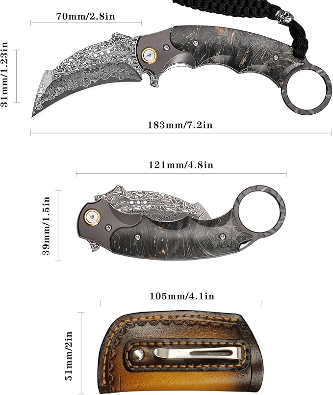 Handmade Damascus steel Folding Pocket EDCKnife，with cowhide sheath And pocket clipï¼?.8in blade Claw Hawkbill Folding Knife，Lining lock, wooden handle，Outdoor survival first-aid camping knife