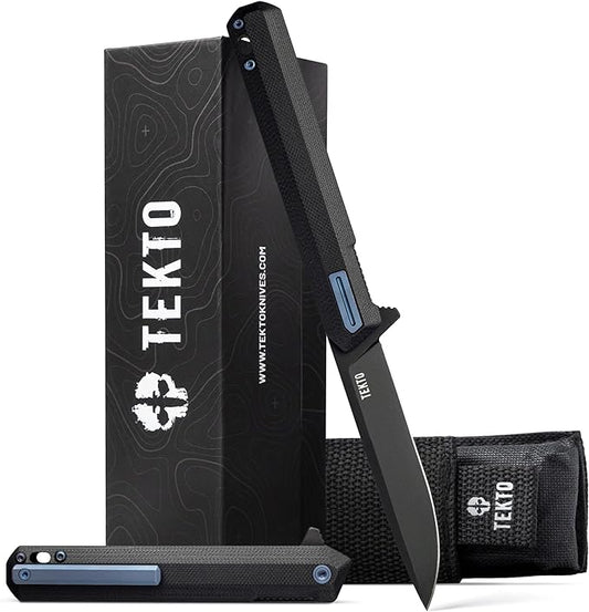 F2 Bravo Folding Pocket Knife - D2 Steel Blade, Ceramic Ball Bearings - EDC - Snap, Swift Flip for Camping, Backpacking - 2.4oz (68g), G10 Black Handle, Blue Titanium Accents