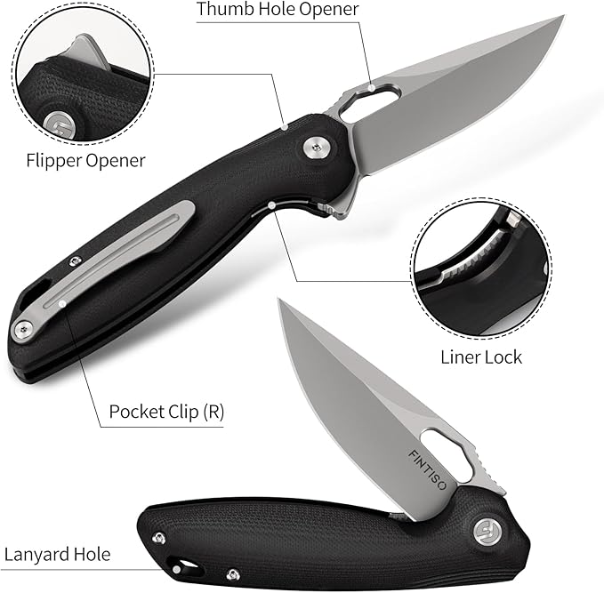 FINTISO Pocket Knife 3.38" Folding Knife Premium 14C28N Blade G10 Handle, Camping Survival Hiking Knife, Best Gift for Men Women, Atlas Series