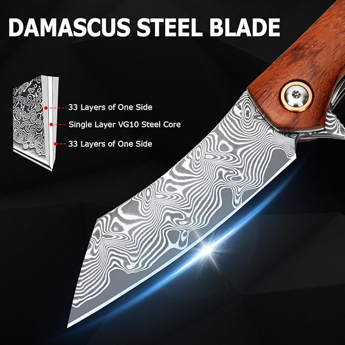 AUBEY Pocket Knife for EDC, 3.15" VG10 Core Damascus Steel Blade Folding Knife with Wood Handle, Liner Lock, Clip, Gift/Collection for Men Women