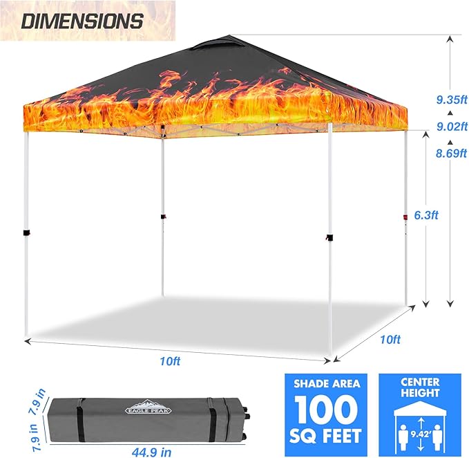 EAGLE PEAK Pop Up Canopy Tent with Wheeled Carry Bag, 8 Stakes, 4 Ropes, 4 Weight Bags, Easy Set Up Tent Canopy, 10x10 ft, 100sqft of Shade, Flame