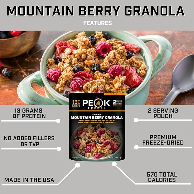 Peak Refuel Mountain Berry Granola 2-Pack | Freeze Dried Backpacking, Camping & Emergency Prep Food | 2 Servings Pouches | 2 Servings Per Pouch