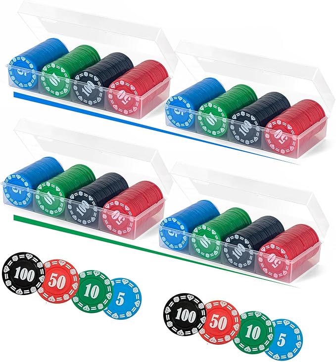 400 Plastic Poker Chips with Storage Box Set,Denomination Printed Casino Style Chip for Texas Home Game Holdem Poker Nights,Blackjack,Roulette Games,Casino Parties