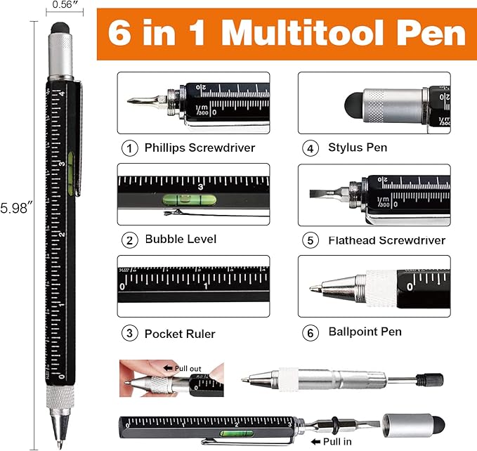 VIBELITE Gifts for Dad, Magnetic Pickup Tool and 6 in 1 Multitool Pen with Touch Screen Stylus, Rulers, Bubble Level, Flathead, Phillips Screwdriver, Ballpoint Pen, Gifts for Men, 2 Pack