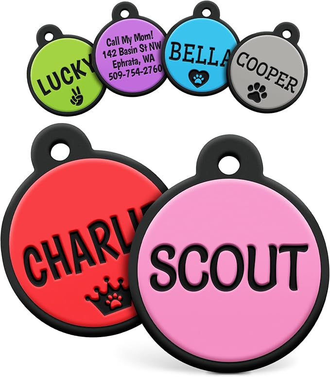 GoTags Silicone Dog Tags, Soundless Pet Tag, Personalized Silent Tag Engraved for Pets with Cute Custom Designs, for Dogs and Cats, (Round, Pink)