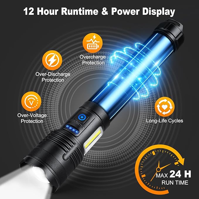 Rechargeable Flashlights 90000 High Lumen, 10000 ɱAh ?ATTERY LED Flashlight with Cob-Light for Home, Super Bright Flash Light 7 Modes, IPX7 Waterproof for Outdoor Camping