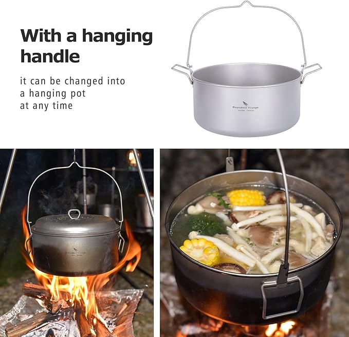 Boundless Voyage Titanium 4.5L Hanging Pot with Steaming Rack Folding Handle Outdoor Camping Cooking Stockpot Steamer Set