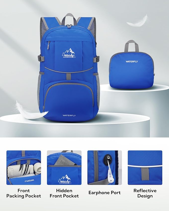 WATERFLY Hiking Foldable Daypack Backpack: 25L Ultra Lightweight Waterproof Day Pack for Woman Man - Small Compact Packable Folding Back Pack for Outdoor Sport Cycling Biking Travel Trip - Blue