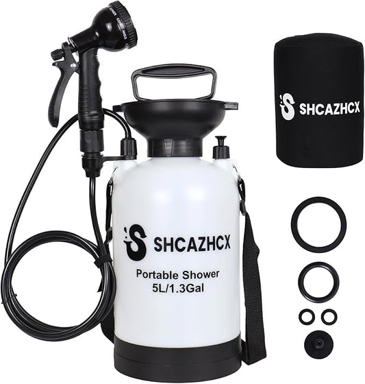 1.3 Gallon/5L Portable Shower with 10 Spray Modes, No Power Needed, Multi-use Sprayer for Camping & Beach Shower, Hiking, Pet Bath, Car Washing, Plant Spraying, White