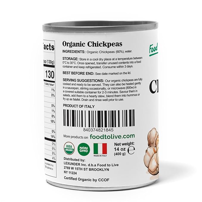 Food to Live Organic Canned Chickpeas, 14 oz (Pack of 8) - Unsalted Non-GMO Garbanzo Beans. Vegan. USDA Certified Organic. Good Source of Fiber and Protein. Wholesale. Made in Italy