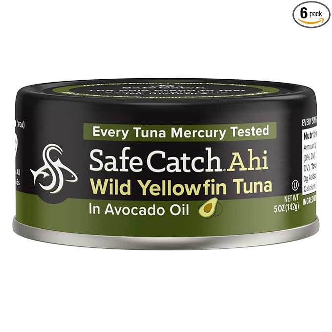 Safe Catch Wild Ahi Yellowfin Tuna Fish Canned, Wild Caught, Lowest Mercury, Lean Protein, Omega 3, Gluten-Free, Kosher, in Avocado Oil, Pack of 6